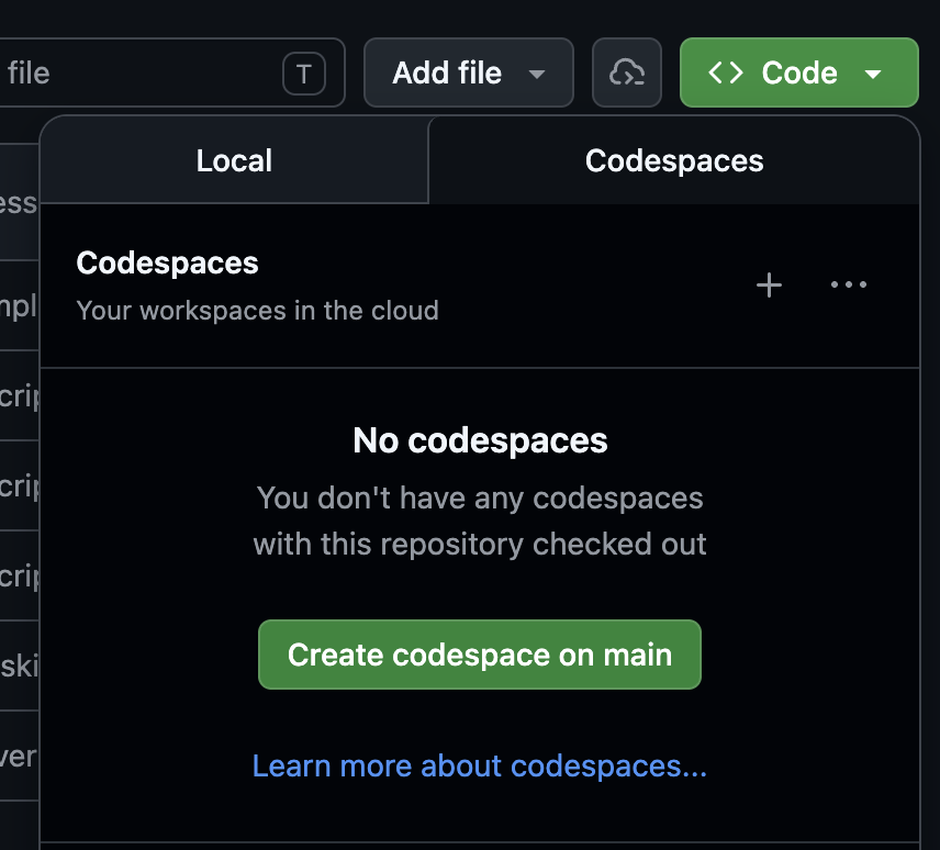 GitHub Code → Codespaces → Create codespace on main